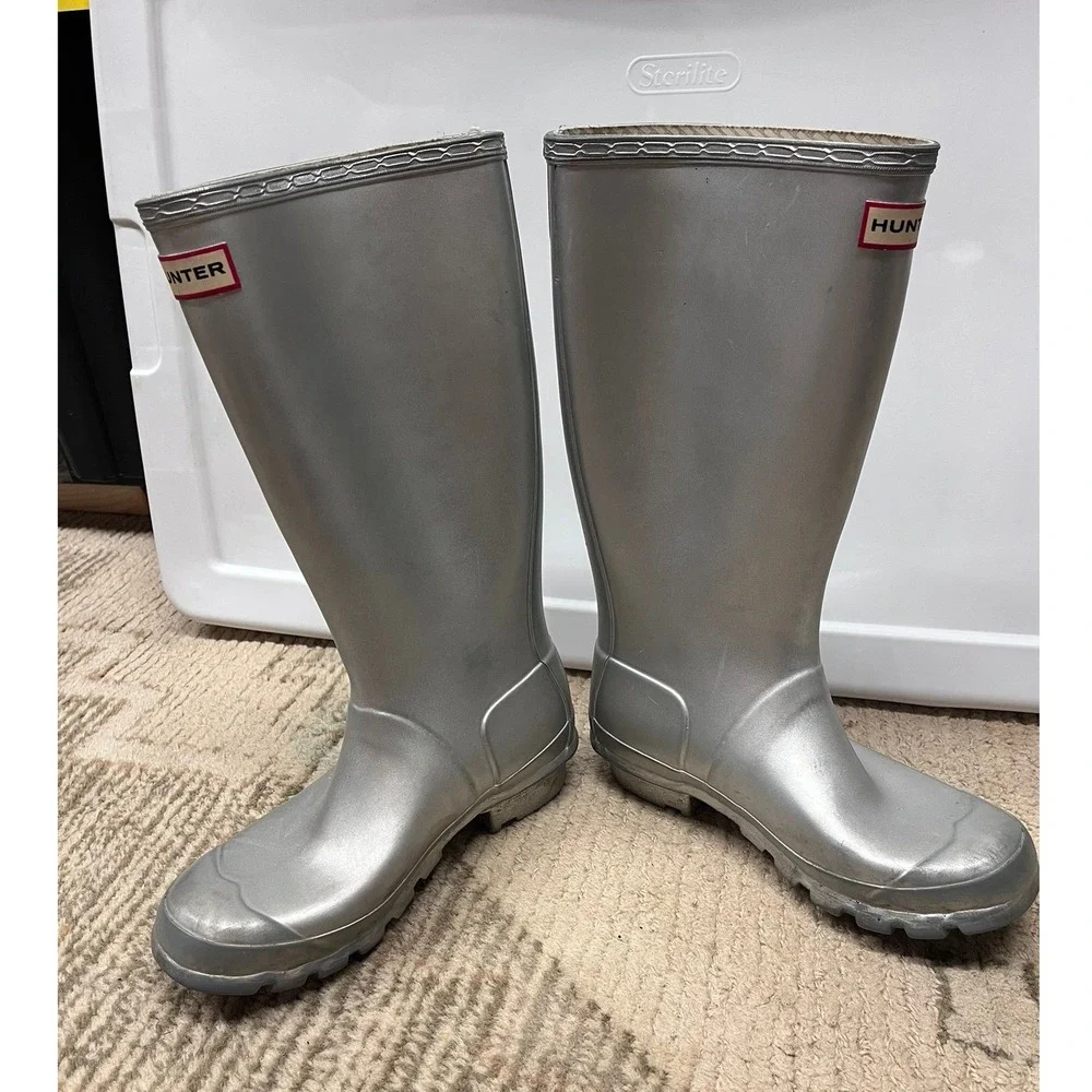 Hunter Original‎ Tall Silver Metallic Rain Boots Big Kids 4M/5F